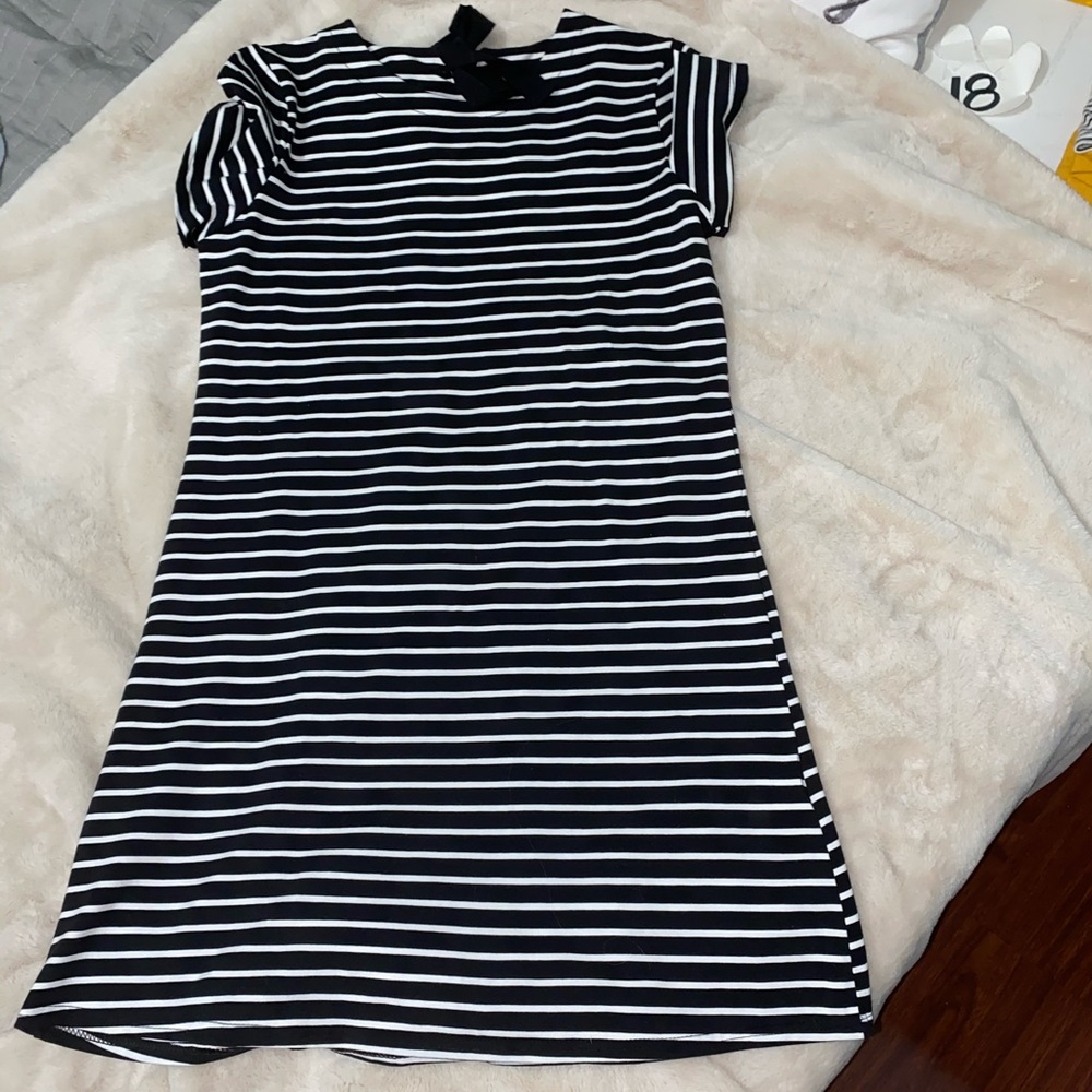 black and white striped dress with back bow detail